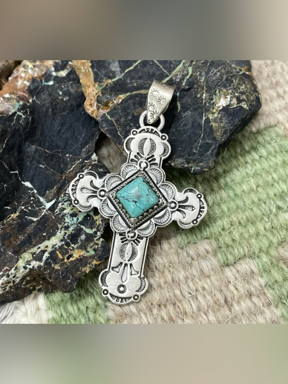 HANDMADE STERLING SILVER KINGMAN TURQUOISE CROSS PENDANT "SIGNED NIZHONI"
